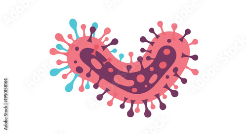Stylized illustration of a pink and purple virus or bacteria cell with spiky protrusions and internal spots, representing microscopic life or infection.