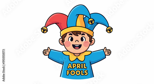Cartoon jester character with colorful hat and 'APRIL FOOLS' shirt on white background, conveying playful mood.