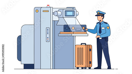 Security Check at the Airport: An illustration capturing a security guard, diligently scanning luggage at an airport, symbolizing safety and vigilance. 