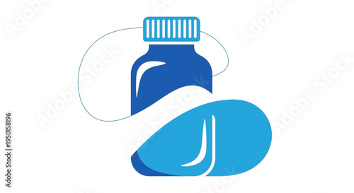 A graphic illustration featuring a blue pill bottle and a large blue capsule, symbolizing medicine and health.