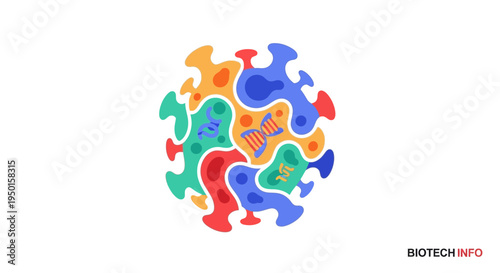 Vibrant abstract illustration depicting interconnected biological elements, including DNA strands and cellular structures, against a clean white background.