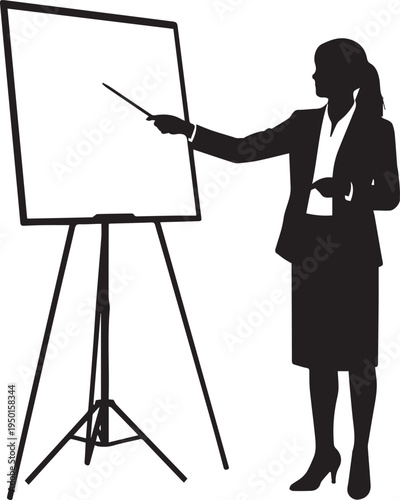 Businesswoman presenting on whiteboard vector silhouette illustration line art speaker