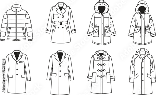 Set of diverse outerwear coats and jackets featuring flat outline vector illustrations ideal for fashion design technical drawings and apparel templates