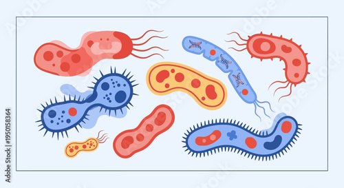Colorful illustration of diverse bacteria and microorganisms with flagella and cilia in a light blue background.