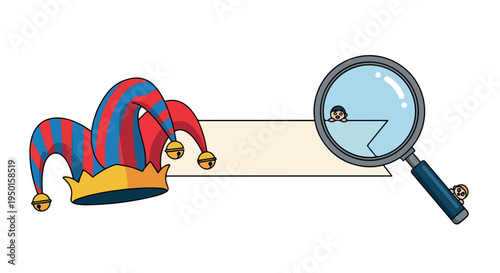Flat lay of a colorful jester hat and magnifying glass on a beige banner with a white background.