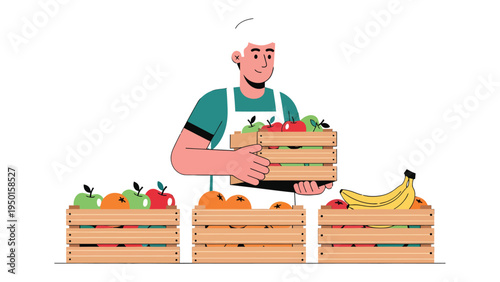 Fruitful Harvest: An individual meticulously arranges an assortment of vibrant fruits within wooden crates. This image is a celebration of freshness and abundance.