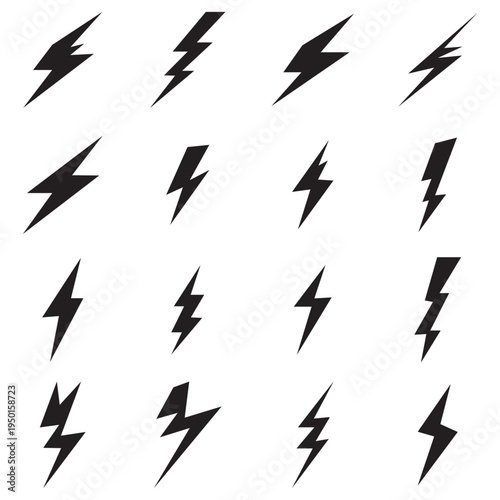 Black Lightning Bolt Icons Set . Collection of black lightning bolt icons in different shapes and angles, isolated on light background, representing electricity, power, energy, and storm symbols.