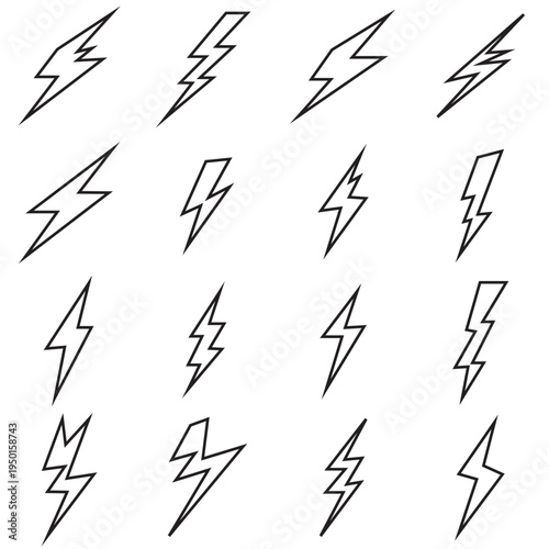 Black Lightning Bolt Icons Set . Collection of black lightning bolt icons in different shapes and angles, isolated on light background, representing electricity, power, energy, and storm symbols.