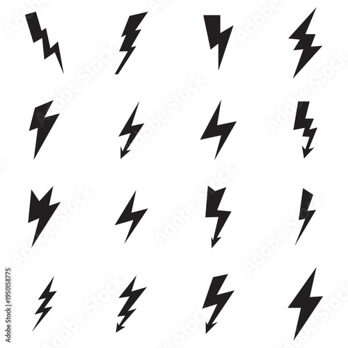 Black Lightning Bolt Icons Set . Collection of black lightning bolt icons in different shapes and angles, isolated on light background, representing electricity, power, energy, and storm symbols.