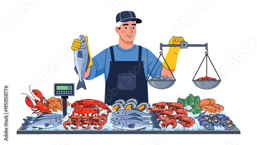 Seafood Merchant's Display: A seafood merchant stands proudly behind his stall, showcasing a variety of fresh catches, from shimmering fish to succulent shellfish, ready for purchase.
