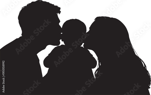 Silhouette of young parents kissing their baby’s cheeks, happy family concept on white background