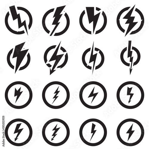 Black Lightning Bolt Icons Set . Collection of black lightning bolt icons in different shapes and angles, isolated on light background, representing electricity, power, energy, and storm symbols.