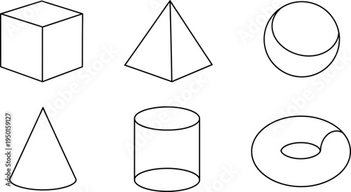 Set of basic 3D geometric shapes outlined vector illustrations for educational and design projects isolated on white background