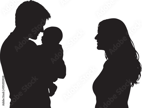 Silhouette of a happy young family with a baby, father holding infant while mother looks on lovingly