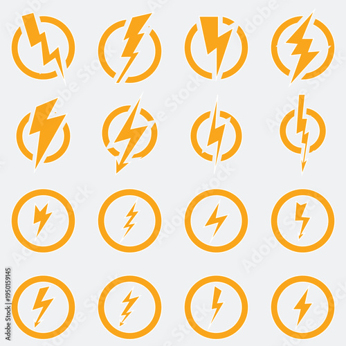 Yellow Lightning Bolt Icons Set . Collection of yellow lightning bolt icons in different shapes and angles, isolated on light background, representing electricity, power, energy, and storm symbols.