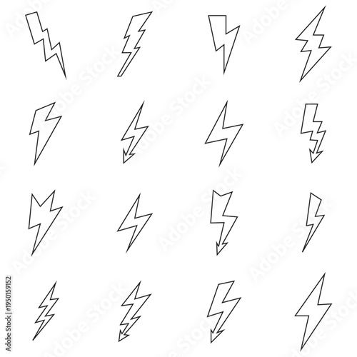 Black Lightning Bolt Icons Set . Collection of black lightning bolt icons in different shapes and angles, isolated on light background, representing electricity, power, energy, and storm symbols.