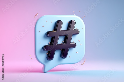 Friendly graphic showing social dialogue: speech bubble with hashtag in flat design style