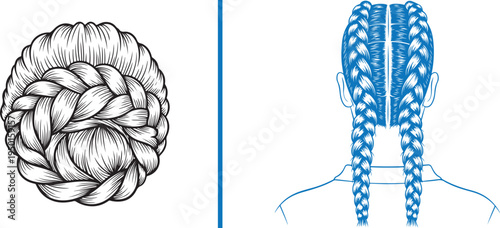 Vector line art of an elegant braided low bun and a blue silhouette of classic double Dutch braids. Intricate textures showcasing professional braiding styles for bridal and salon branding.