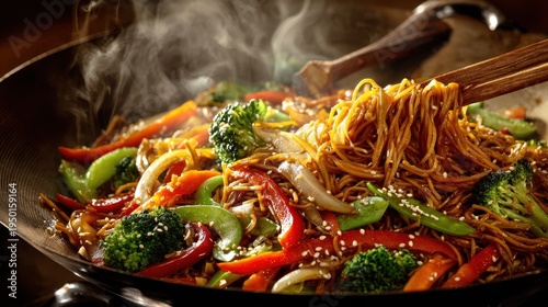 Freshly cooked stir-fry noodles in a cozy kitchen setting