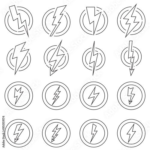 Black Lightning Bolt Icons Set . Collection of black lightning bolt icons in different shapes and angles, isolated on light background, representing electricity, power, energy, and storm symbols.