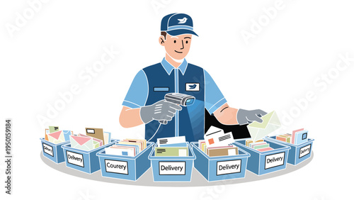 Mail Carrier Delivering Mail: A mail carrier is diligently sorting and organizing letters and packages for delivery, emphasizing the precision of the postal system