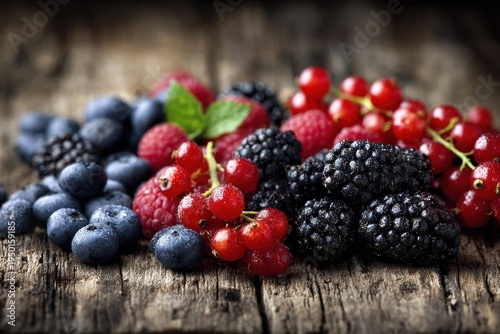 Frische Beeren auf rustikalem Holz mit Copy Space