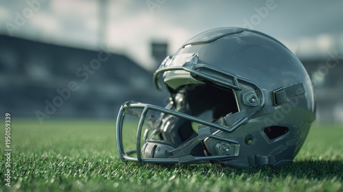 Generic gridiron helmet resting on grass with shallow depth of field