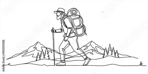 Continuous one line drawing of a man hiking in mountains with backpack and walking stick, adventure travel concept.