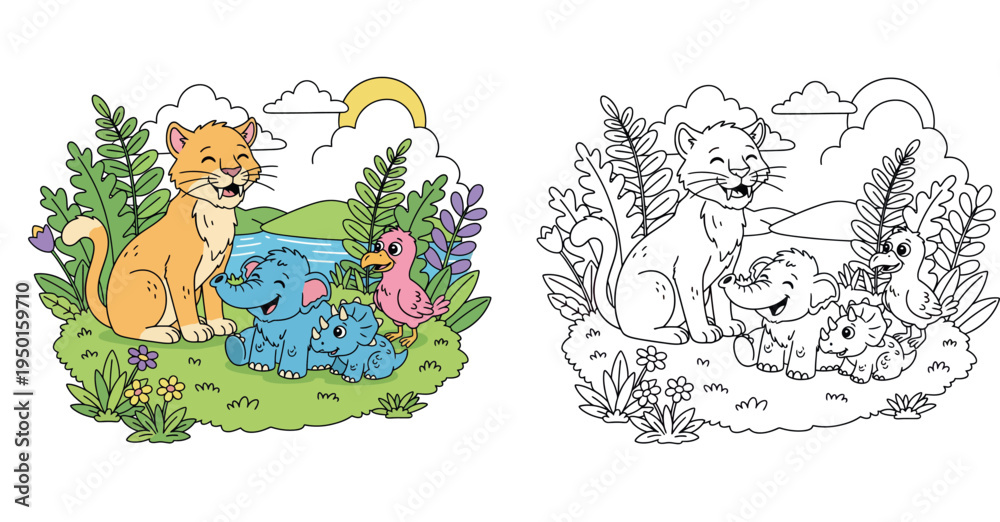 Obraz premium Happy Cartoon Animals in Nature - Lion, Elephant, Rhino, and Bird Friendship Illustration