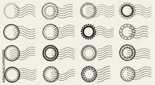 Collection of diverse vintage postal stamp outlines with various decorative edges and wavy cancellation marks for retro design projects and communication themes