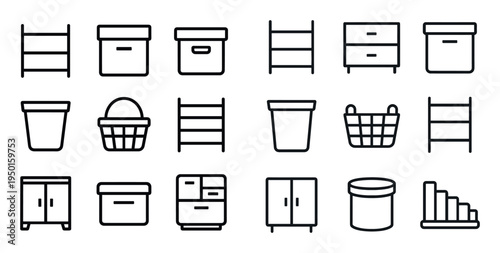 Household icons with box basket ladder minimal