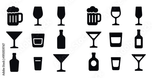 Bar icons with beer bottle martini minimal