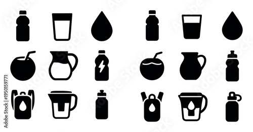 Beverages icons with bottle glass drop silhouette
