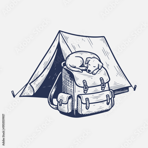 Dog resting on a backpack outside a camping tent. Vintage line art vector graphic. Outdoor adventure and pet travel concept isolated on white. Camping equipment drawing