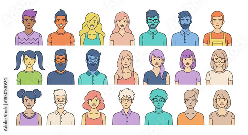 Diverse group of cartoon people, representing different ages and genders, in a flat design style