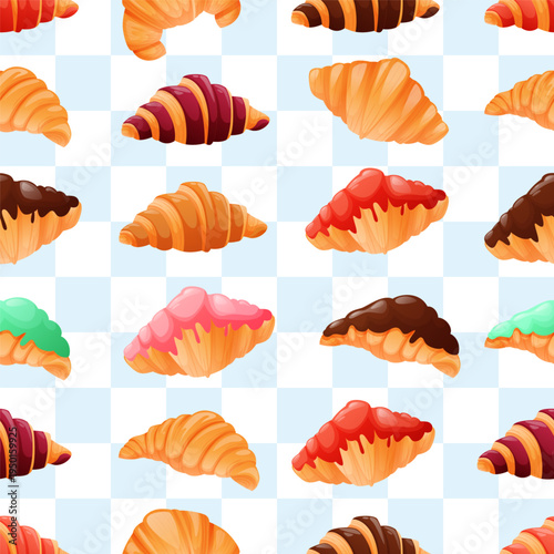 seamless pattern with fresh croissants in colorful glaze. A cute print featuring fresh baked goods for textiles, fabric, and wrapping paper. Elegant illustration in a flat cartoon style.
