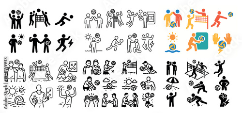 Sports icons with volleyball net player outline