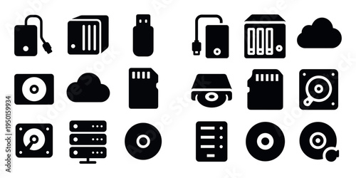 Storage icons with hard drive usb cloud solid