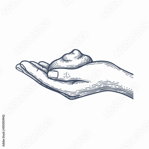 Vintage style healing clay mask line art graphic. Therapist hand holding spa mud. Hand drawn vector design isolated on white