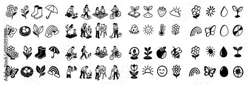 Nature icons with flower picnic plant playful