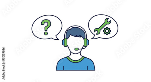 Customer support agent with headset and speech bubbles for problem solving and technical assistance