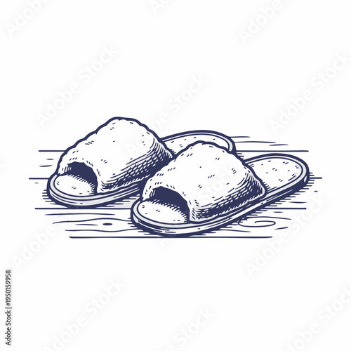 Vintage style hotel slippers vector graphic. Hand drawn line art of fluffy footwear on wooden floor. Isolated design element