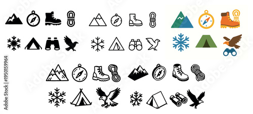 Outdoor icons with mountain compass tent flat