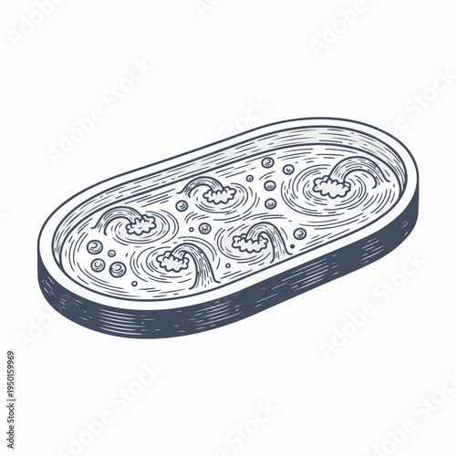 Vintage line art vector graphic of a hydrotherapy pool. Retro isometric spa and wellness concept with water jets. Flat design drawing