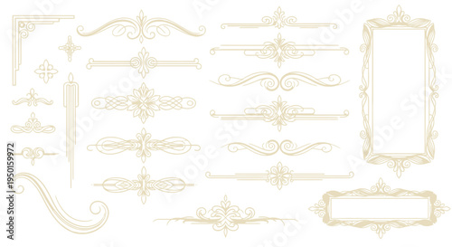 Elegant set of golden ornate vector decorative design elements, featuring vintage borders, swirl frames, corners, and dividers, perfect for luxurious invitations and graphic projects