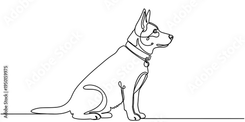 Continuous one line drawing of a dog sitting, minimalist German Shepherd or police dog vector illustration for pet lover concept.