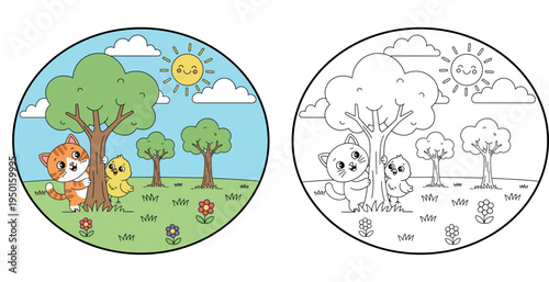 Cute Cartoon Cat and Chick Playing Peek-a-Boo by a Tree - Sunny Outdoor Fun
