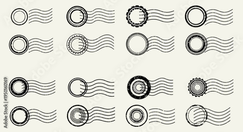 Collection of various circular postage stamps and postmarks with wavy lines representing mail delivery