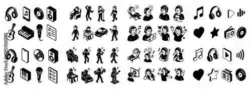 Music icons with headphones and microphone outline