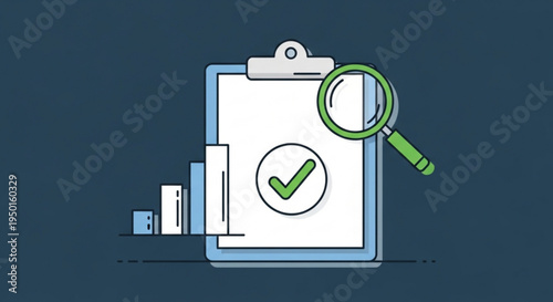 Business checklist with magnifying glass on clipboard green checkmark bar chart and verification concept on dark blue background